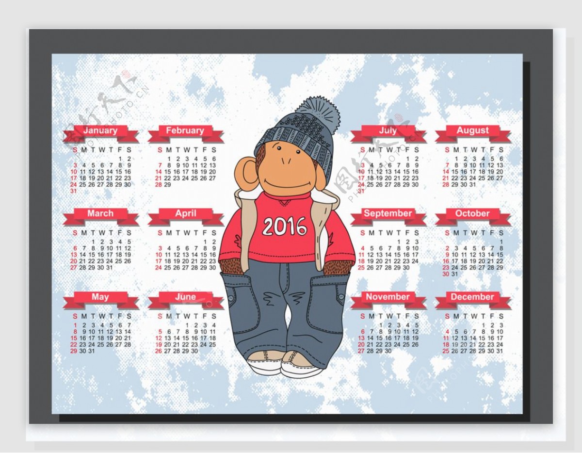 雪花卡通猴子2016年日历表