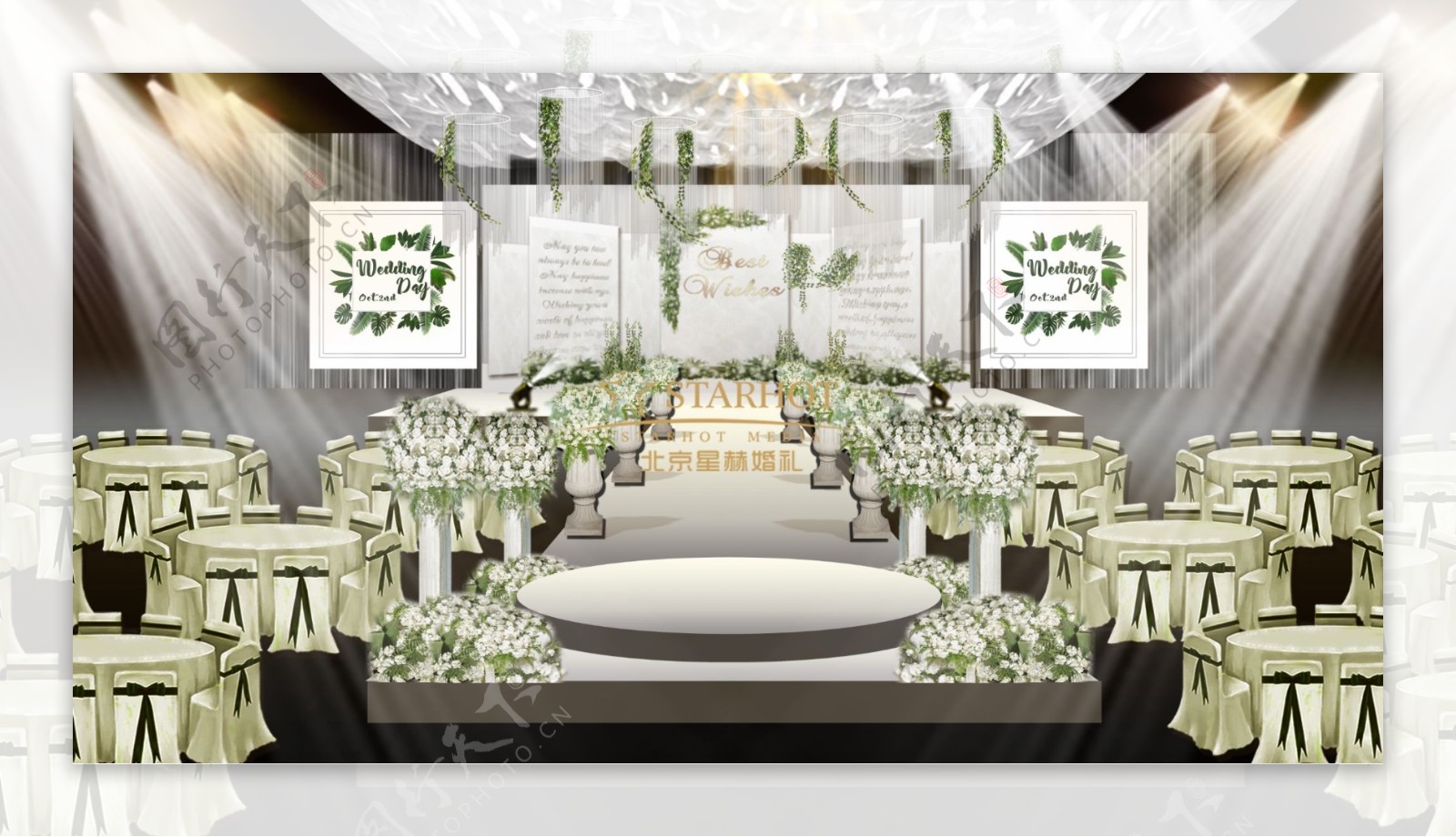 白绿婚礼效果图罗马柱路引线帘吊顶绿花藤