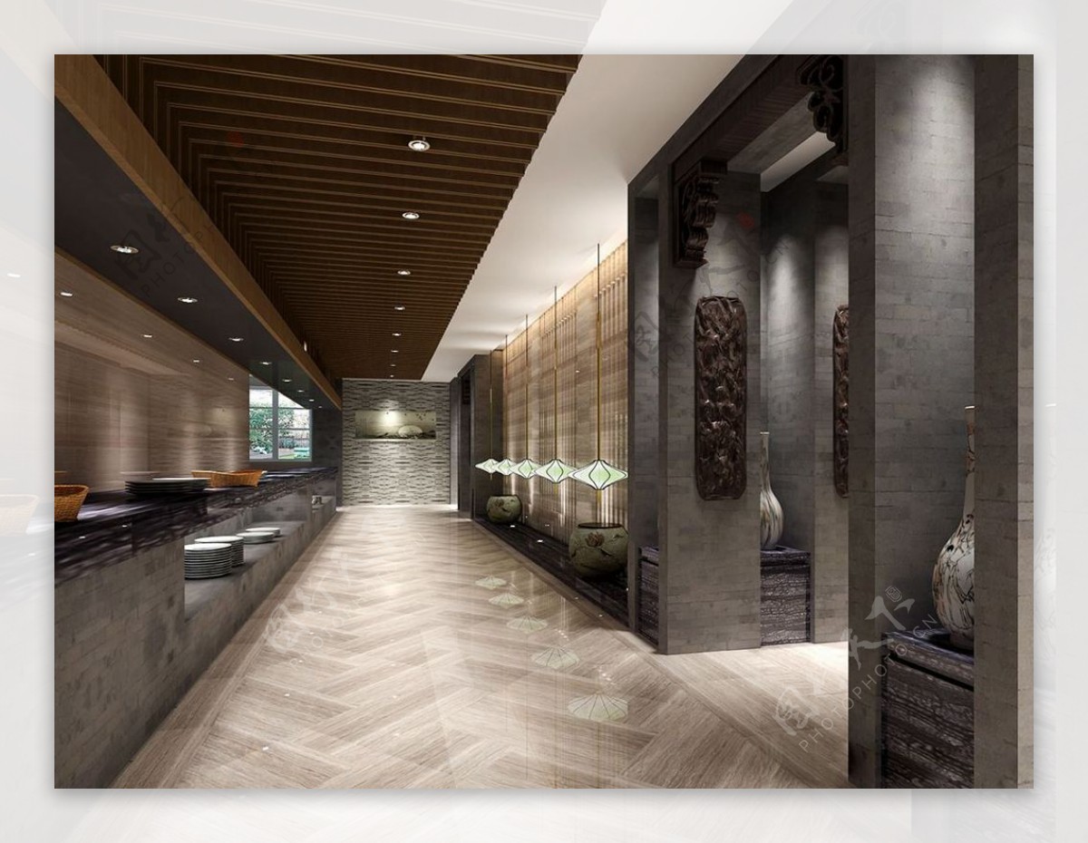 现代简约风格餐饮空间大厅走廊效果图设计