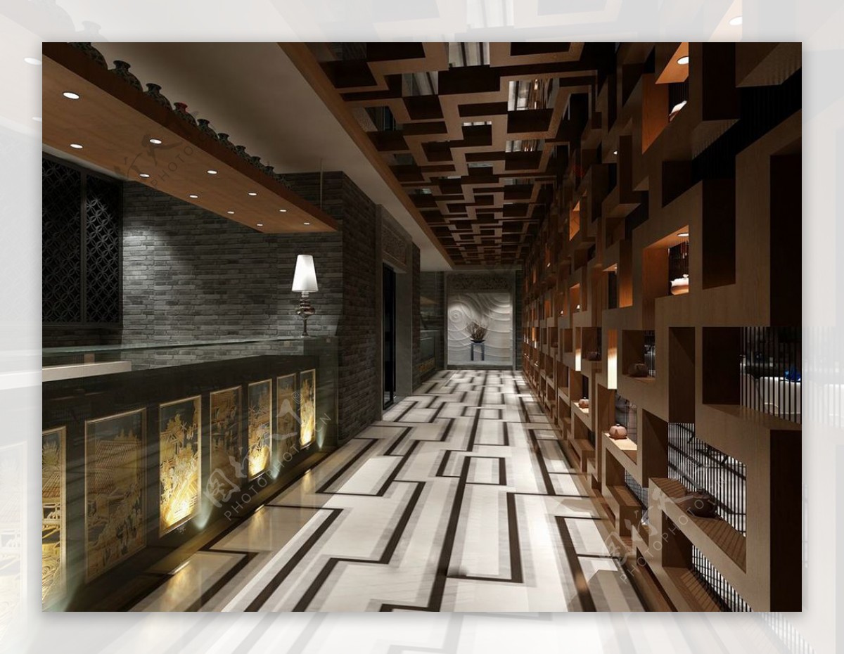 中式静谧风格餐饮空间走廊效果图设计