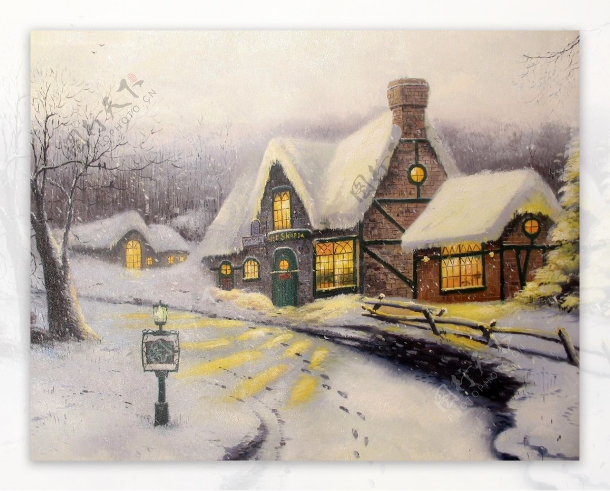 温暖的雪地里的小屋装饰画