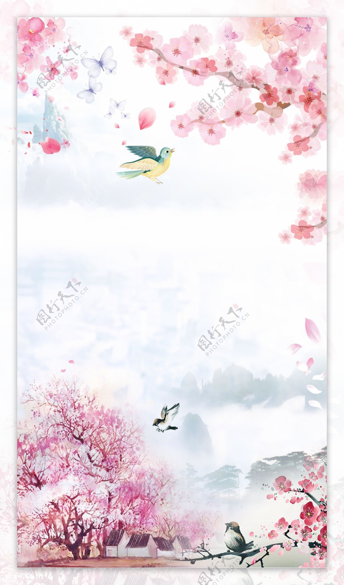 春季粉色桃花小鸟H5背景素材