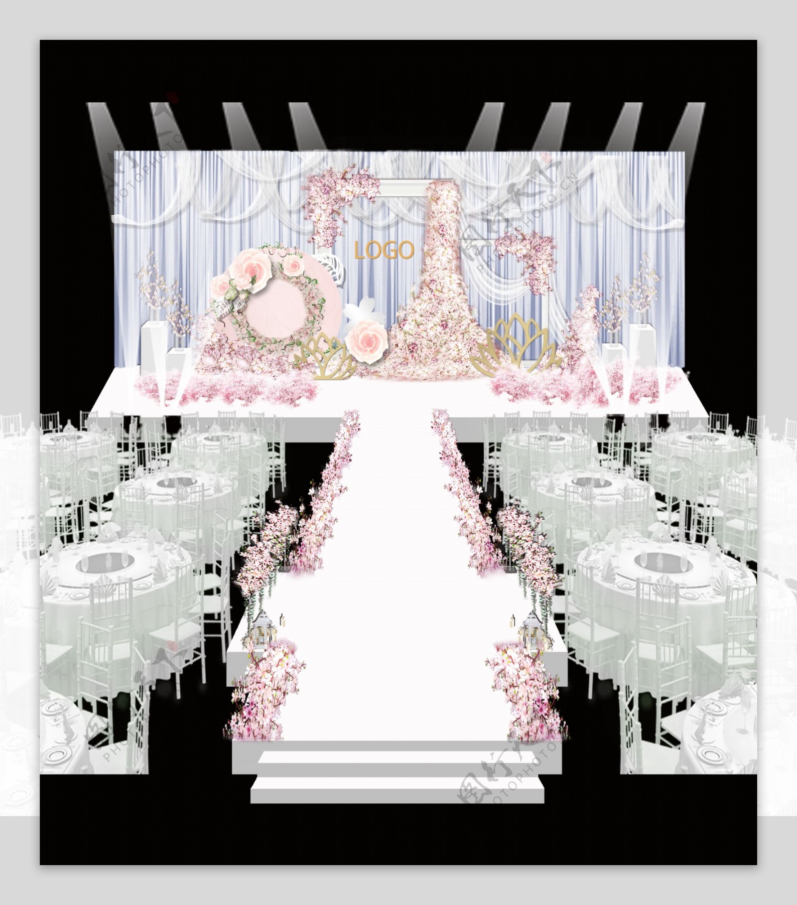 粉色小层高婚礼主舞台素材