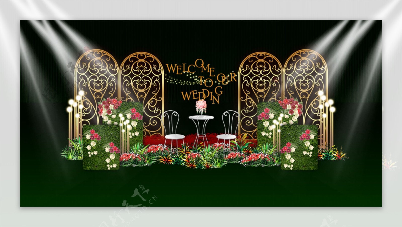 墨绿欧式花纹铁艺叶墙婚礼迎宾展示效果图