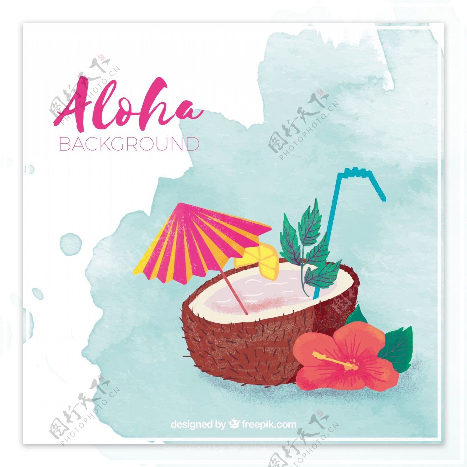 水彩画的ALOHA背景椰花饮料