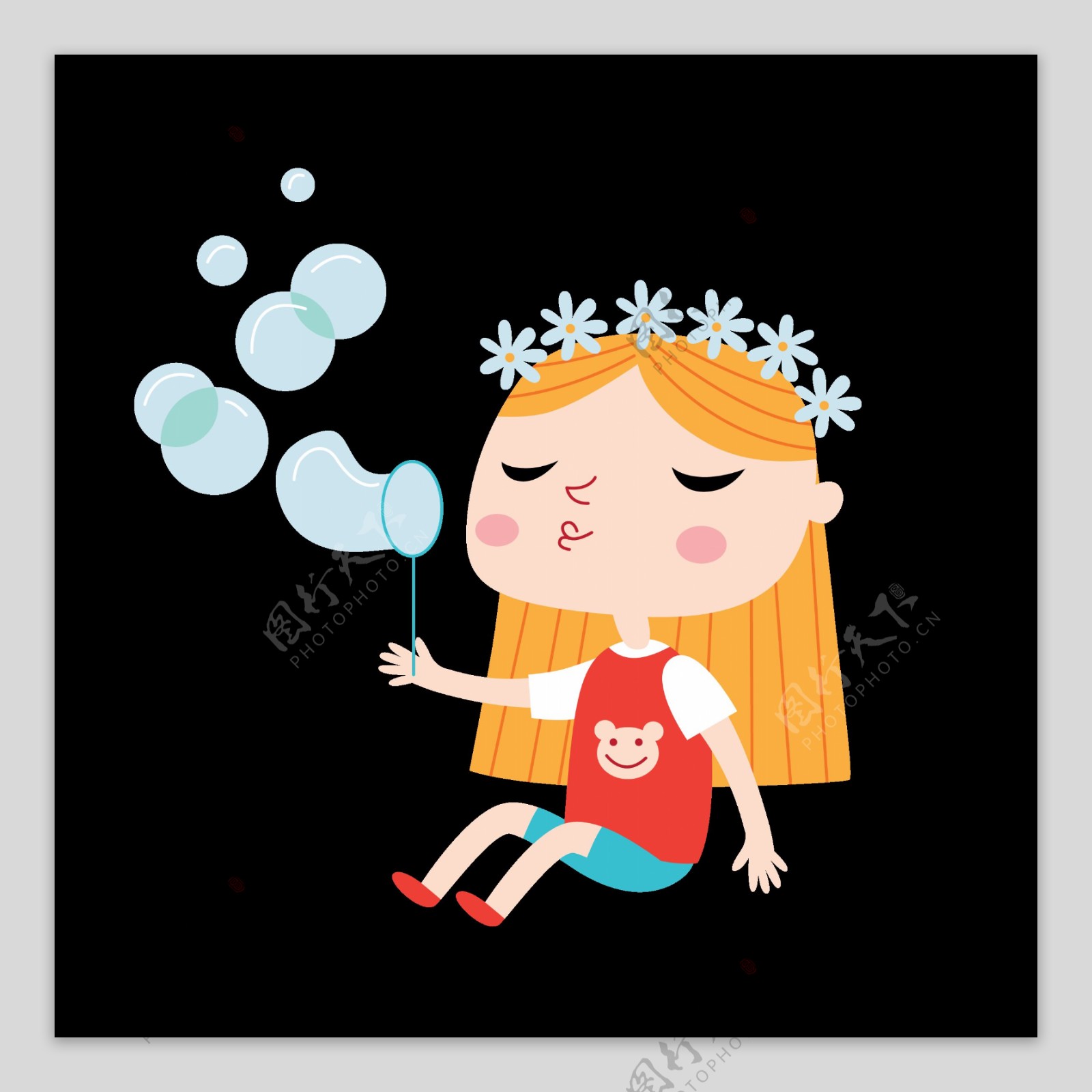 六一兒童節吹泡泡的女孩PSD圖案素材免費下載，可愛卡通圖片，尺寸2000 × 2000px - Lovepik