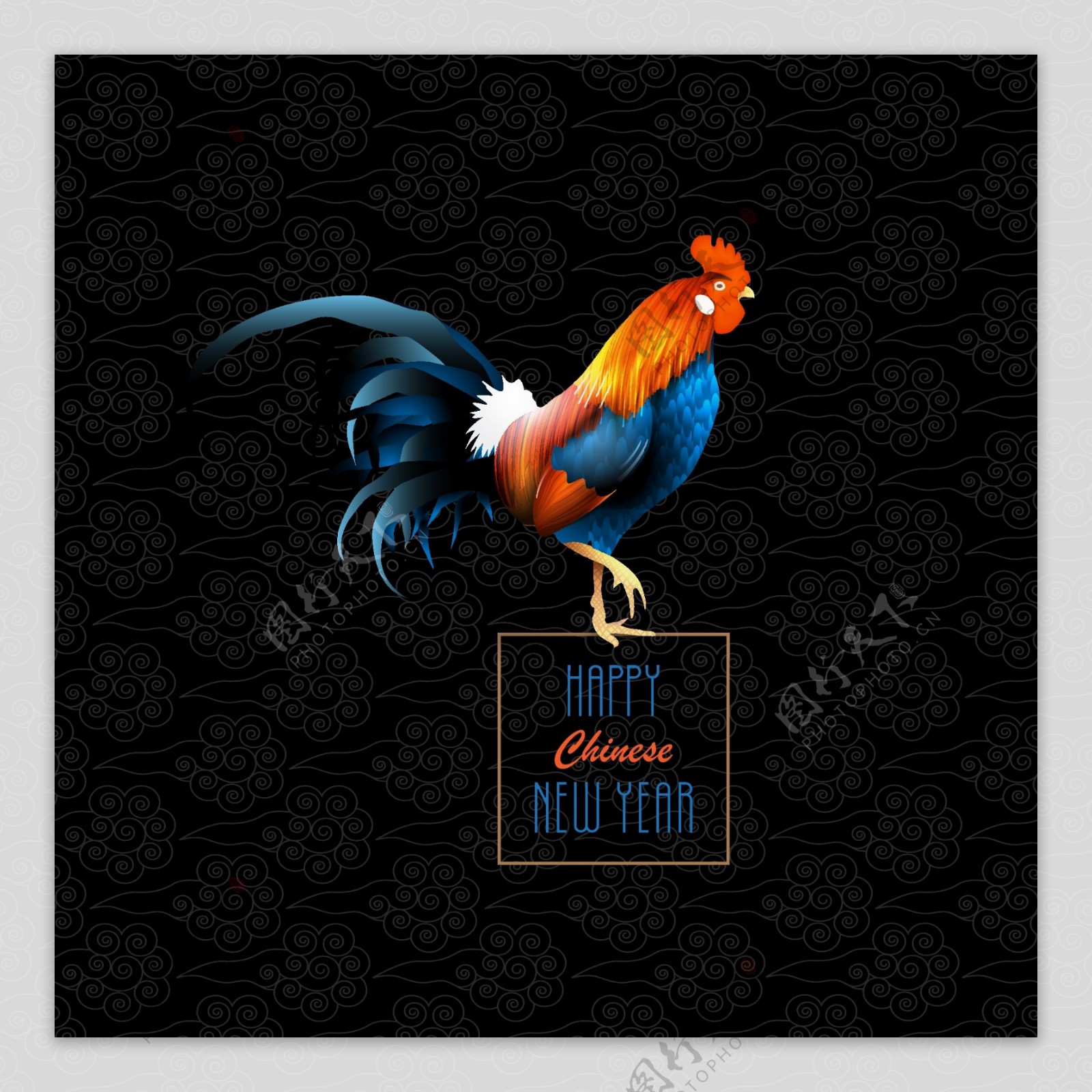 黑底鸡年新年快乐主题海报EPS矢量素材