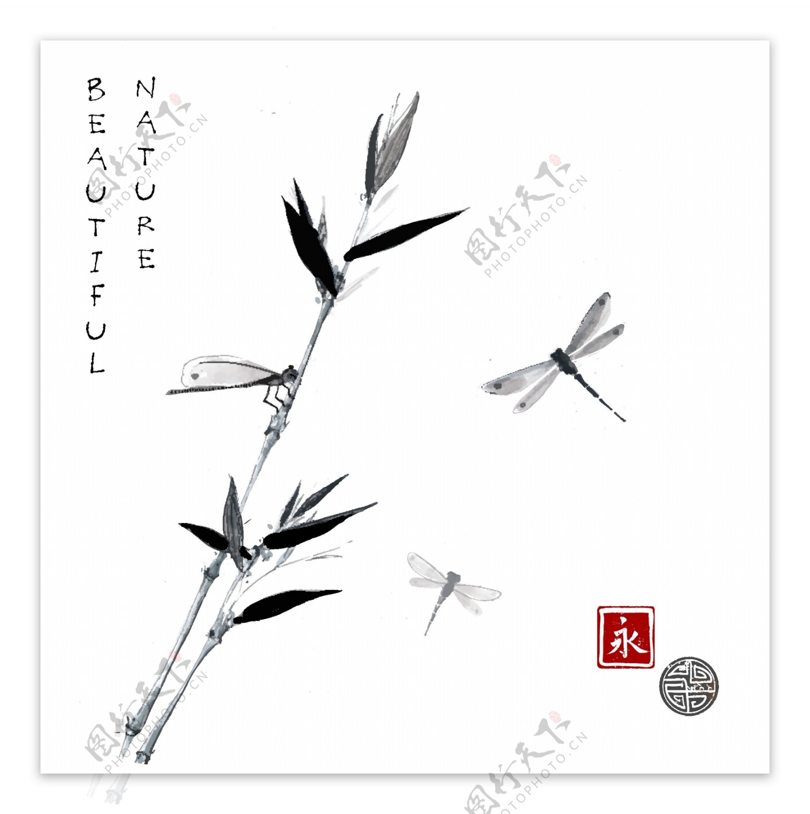新中式水墨画竹子素材元素背景印章竹叶蜻蜓
