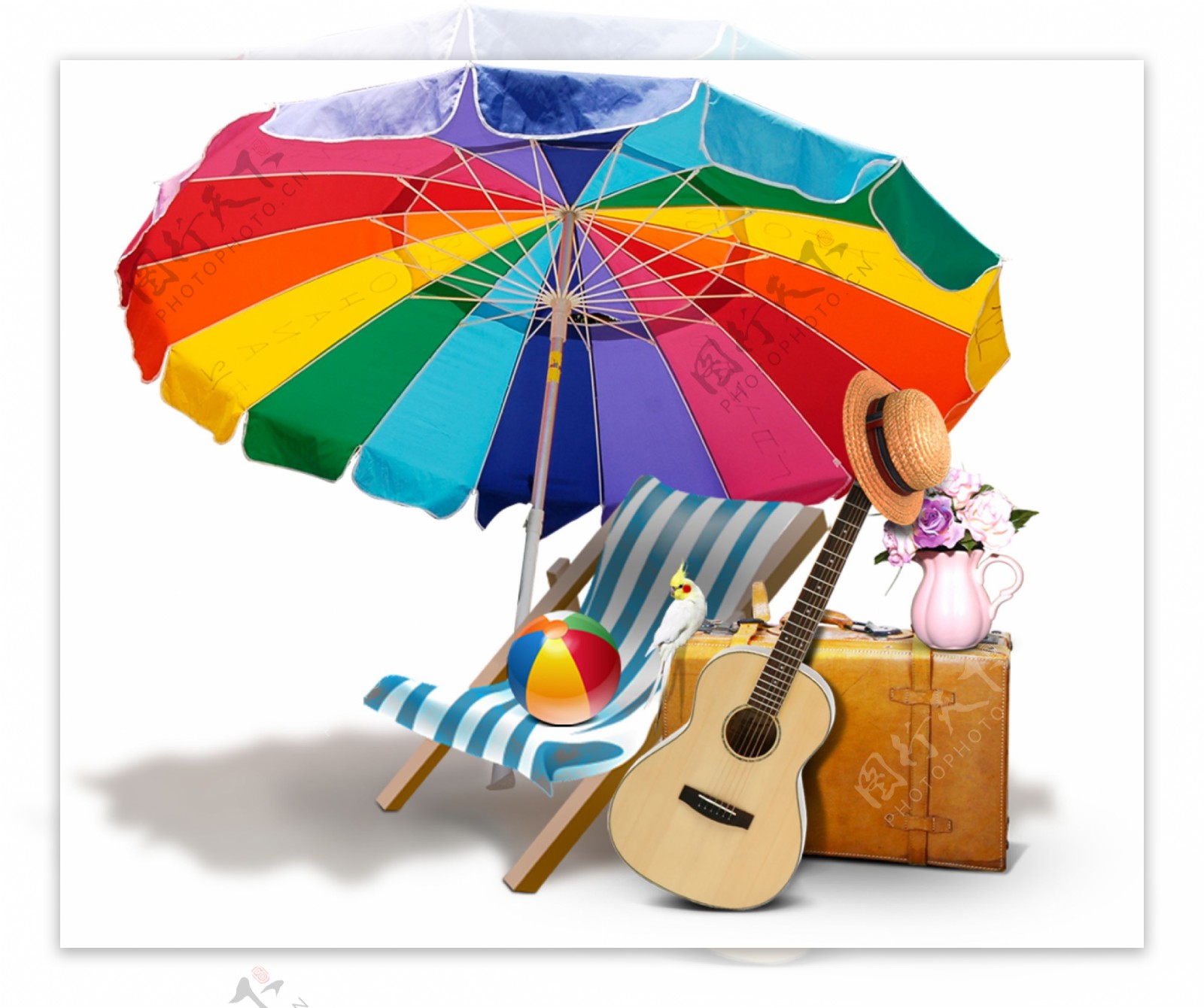 太阳伞下的躺椅吉他png元素素材