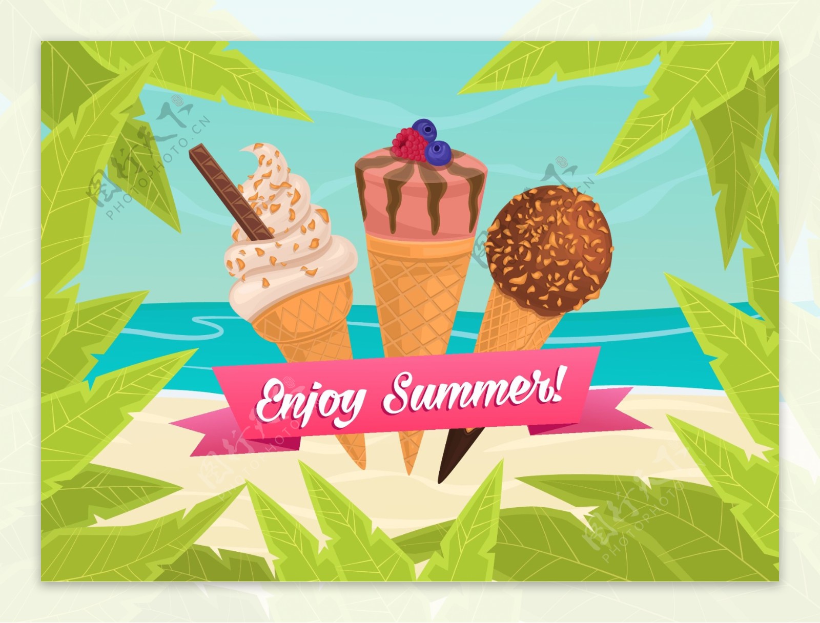夏天时尚美味的冰淇淋插画