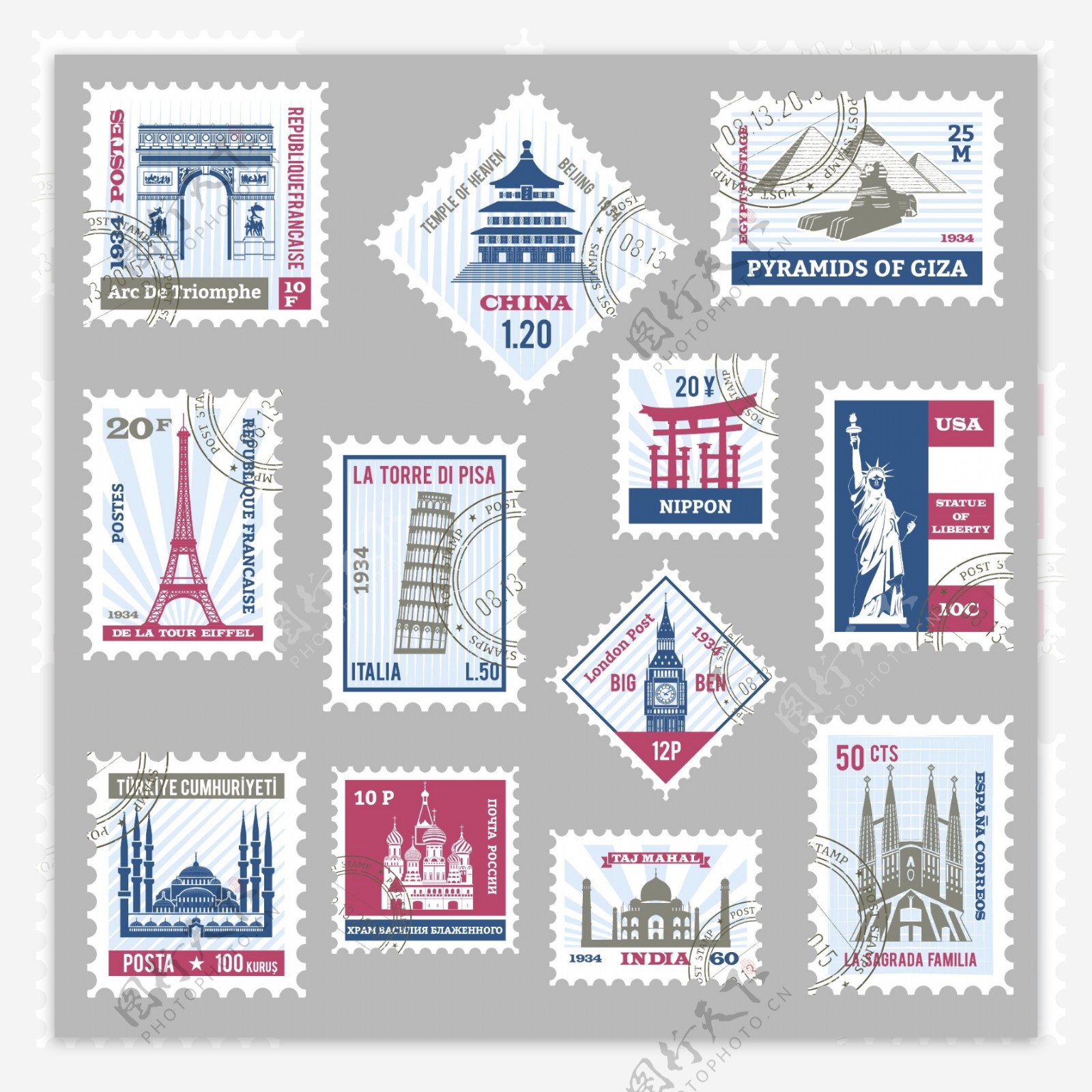 世界著名建筑邮票插画