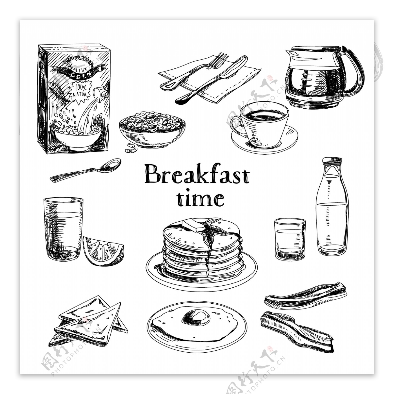 黑白手绘营养早餐插画