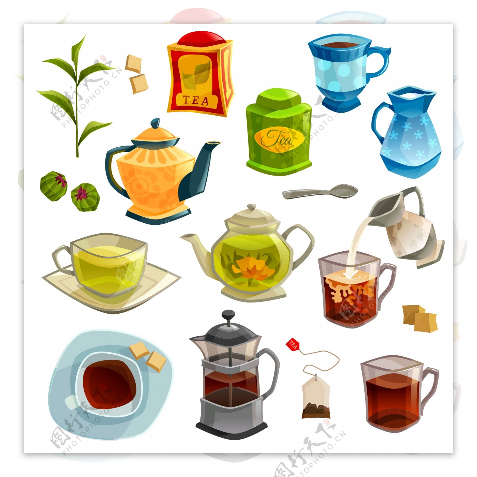 时尚传统茶具元素插画