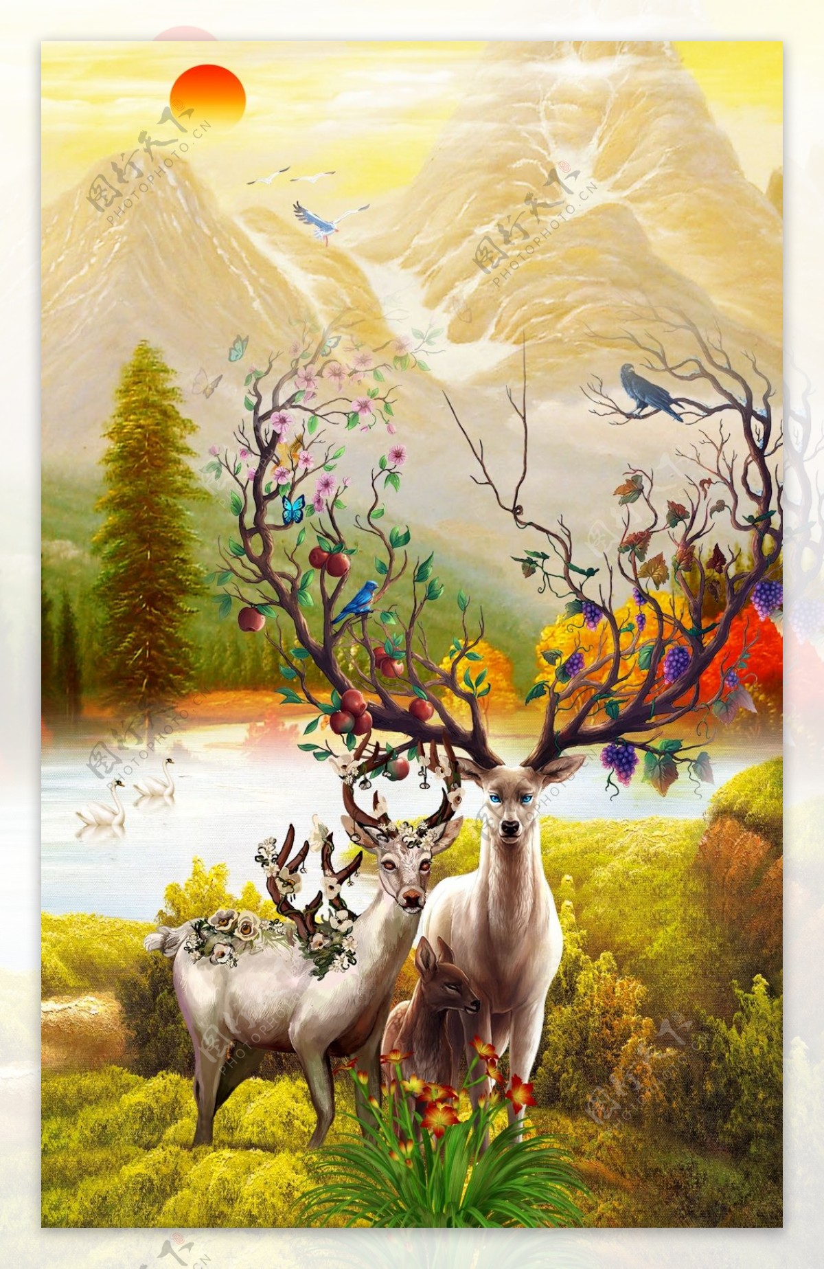 彩绘彩色驯鹿山水画装饰画