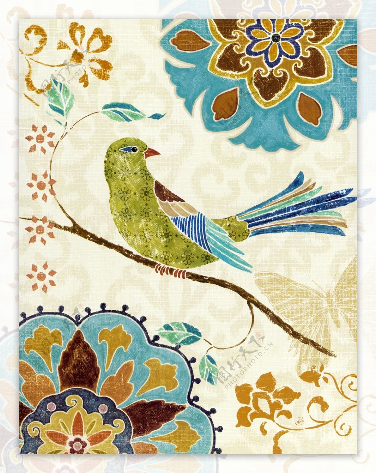手绘彩绘鸟类花朵树枝民族装饰画