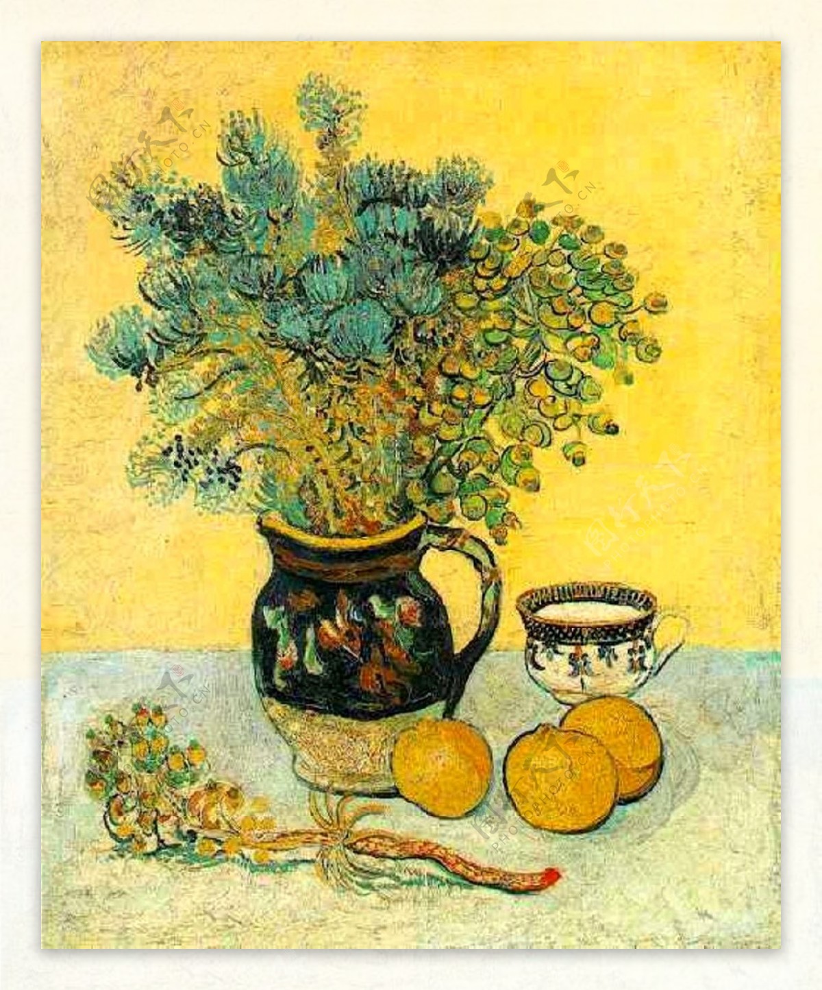 简约现代静物油画茉莉纯手绘油画陶壶和野花