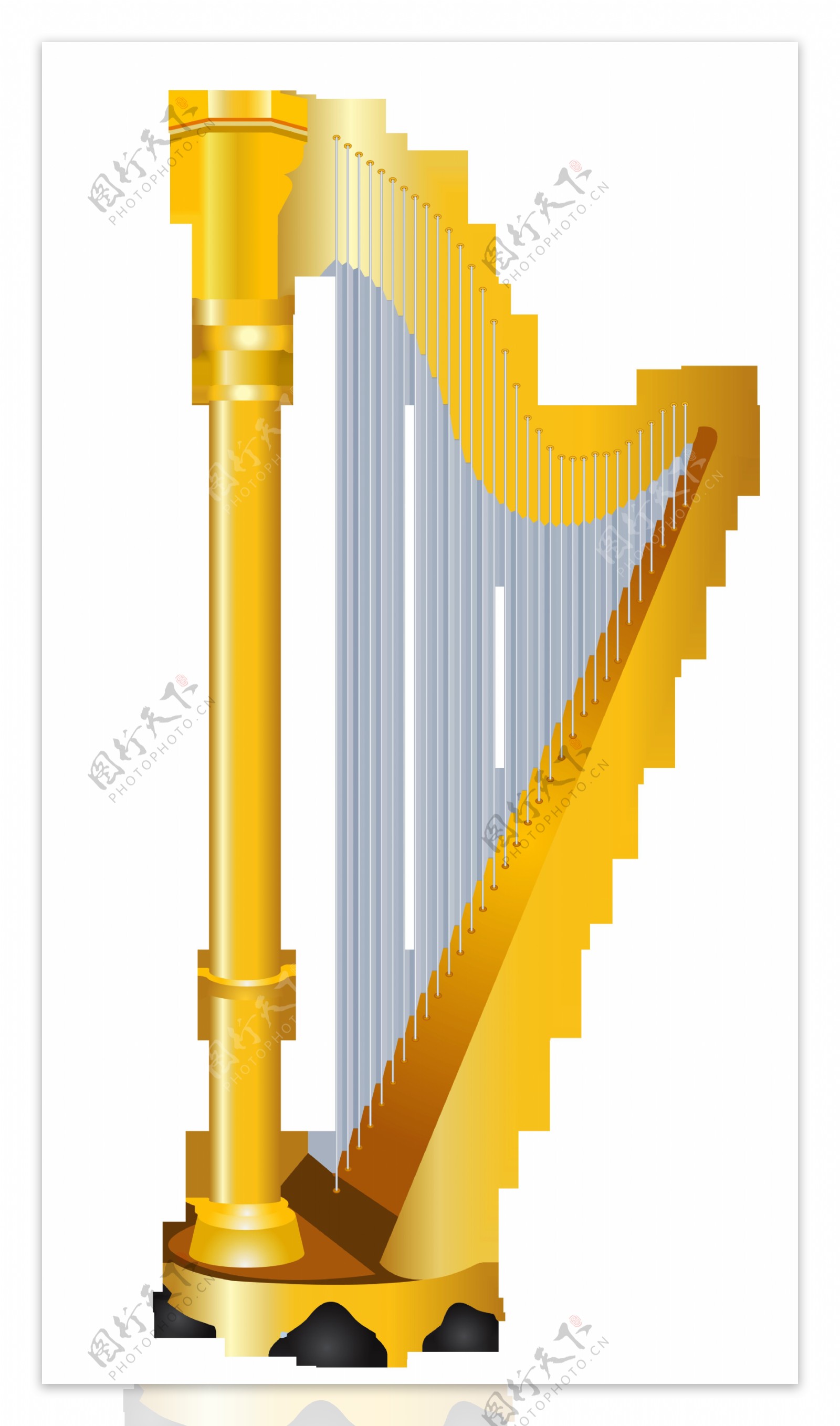 手绘金黄色竖琴免抠png透明图层素材