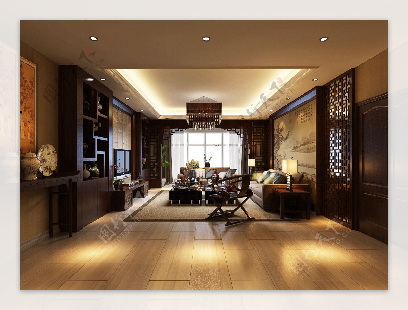 中式典雅客厅木制隔断室内装修效果图