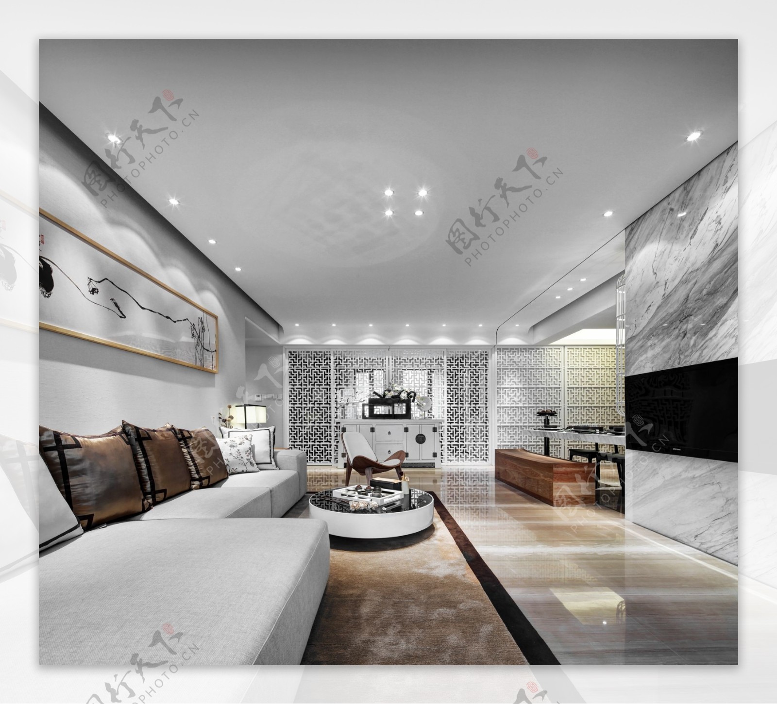 现代时尚客厅大理石背景墙室内装修效果图