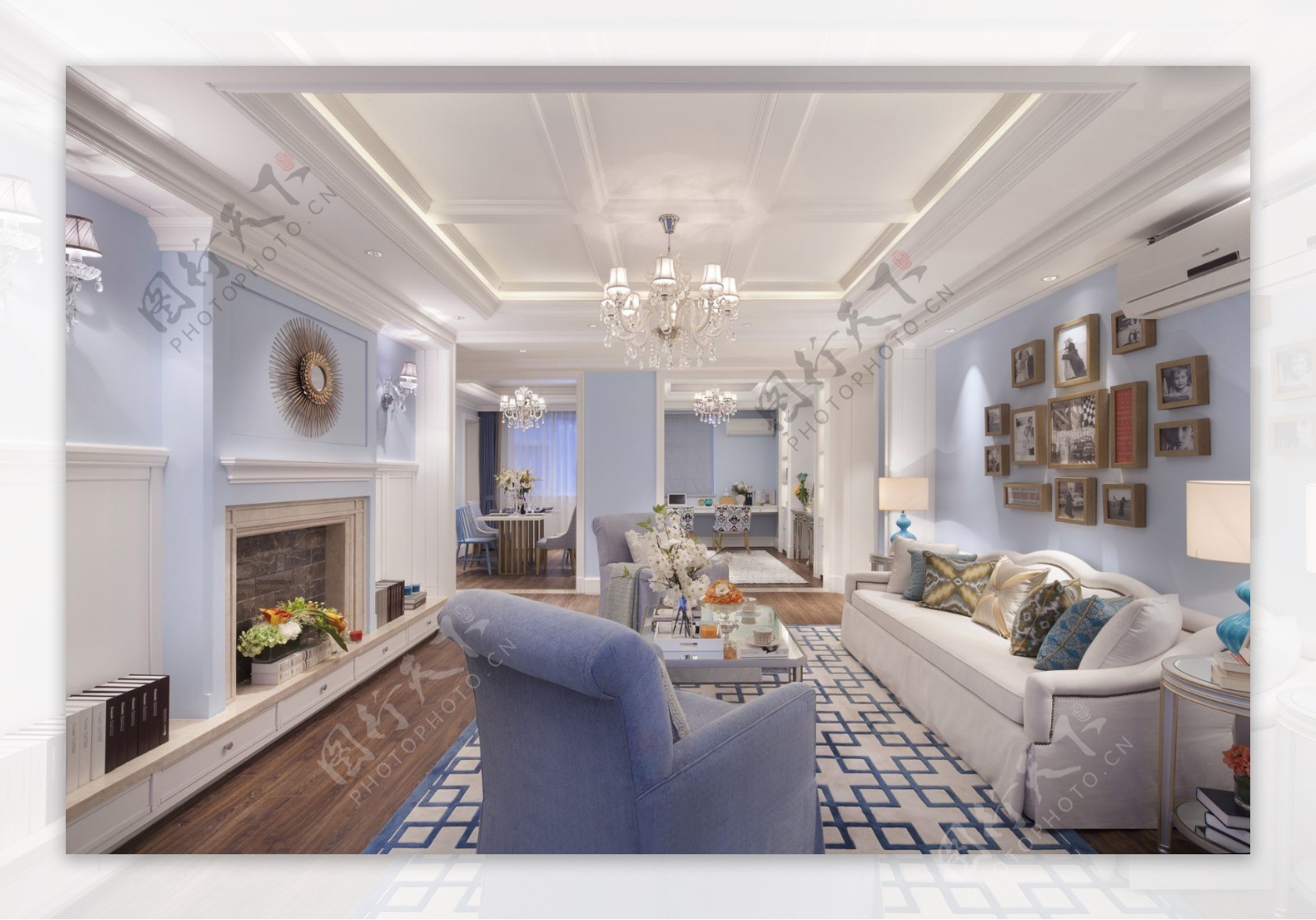 客厅美式浅蓝色沙发背景装修效果图