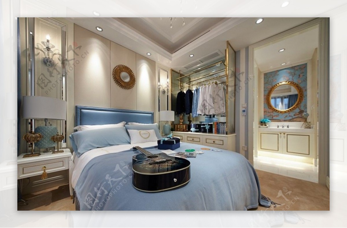 清新时尚卧室浅蓝色床品室内装修效果图