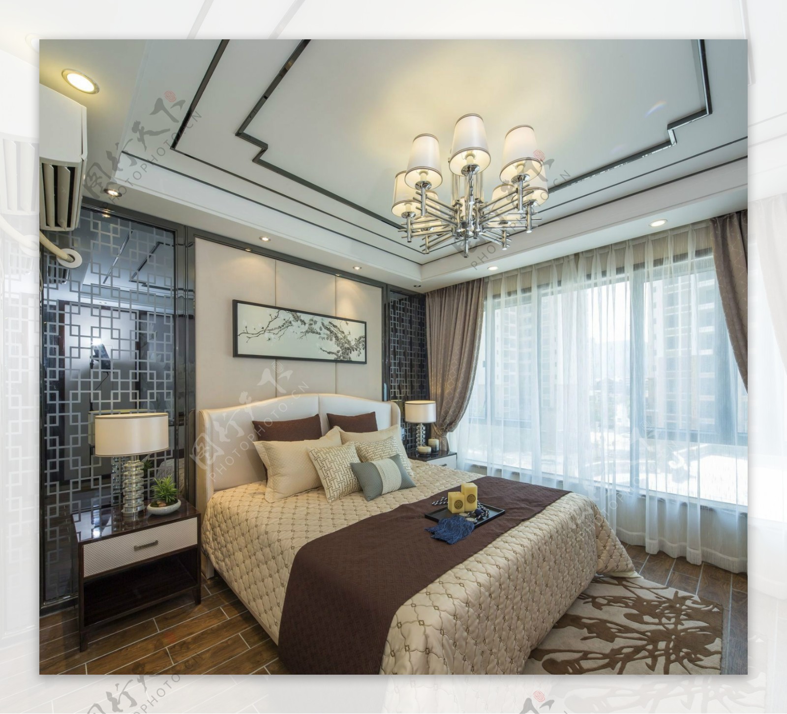 现代时尚卧室白树枝图案地毯室内装修效果图