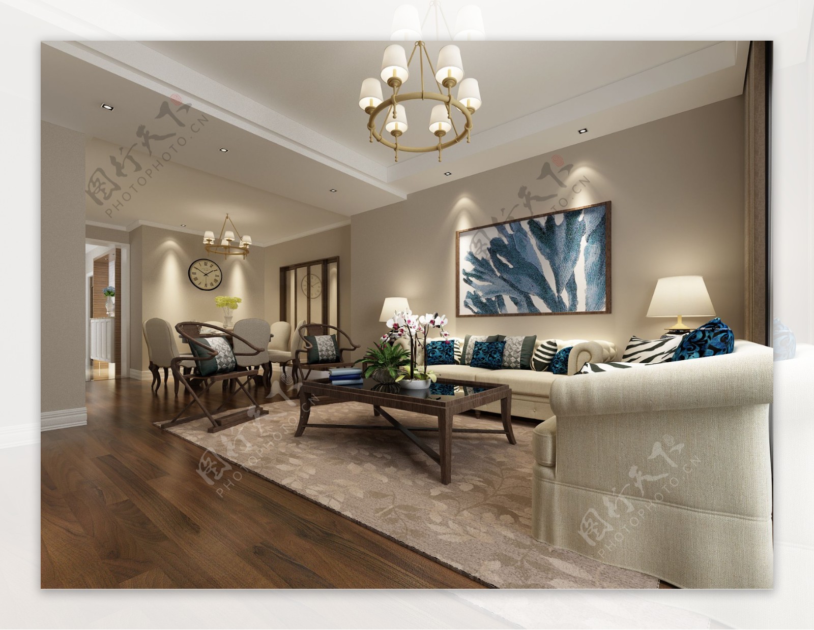 美式清新客厅白色布艺沙发室内装修效果图