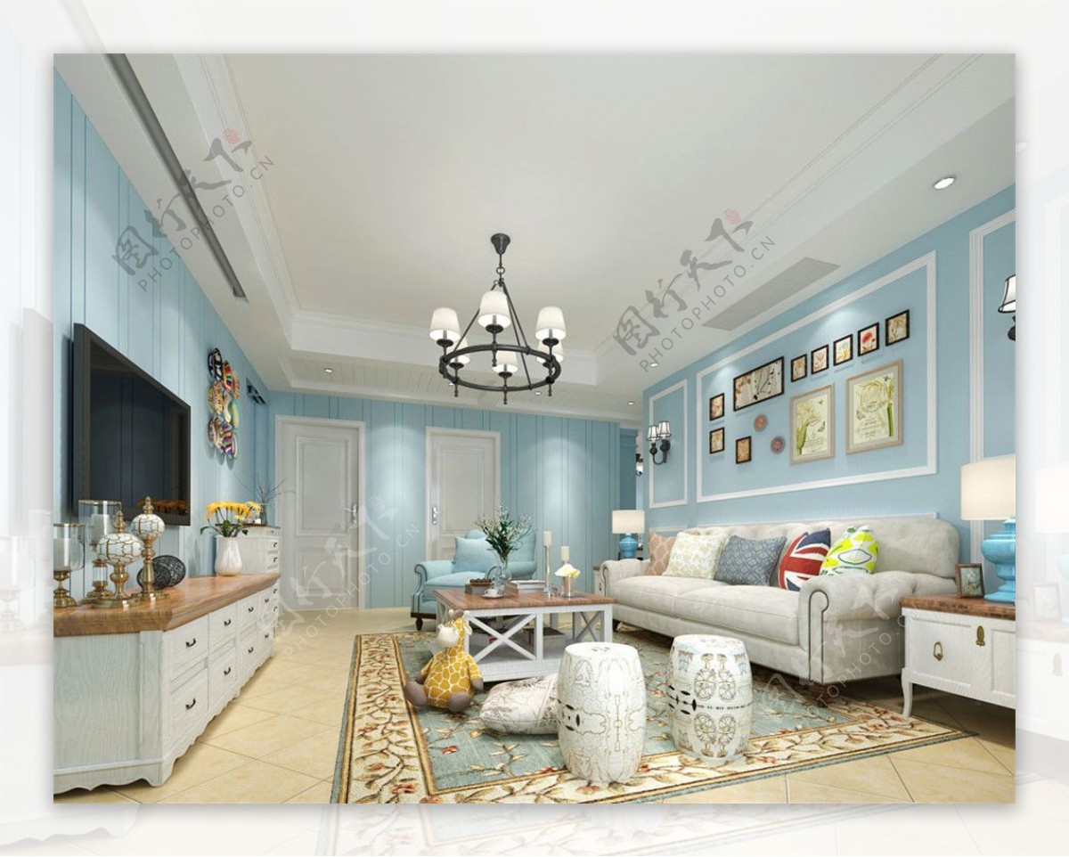 美式清雅客厅蓝色花纹地毯室内装修效果图