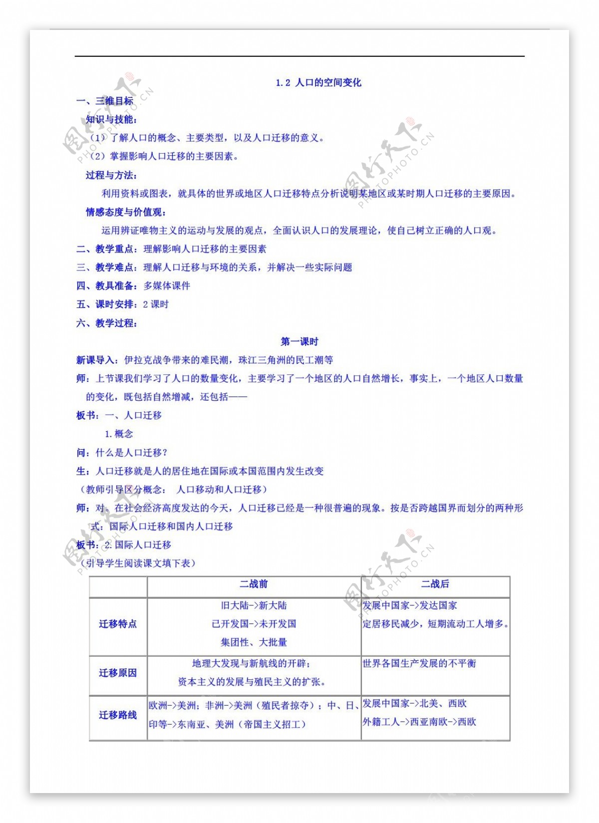 地理人教版必修新课标1.2人口的空间变化同步教案