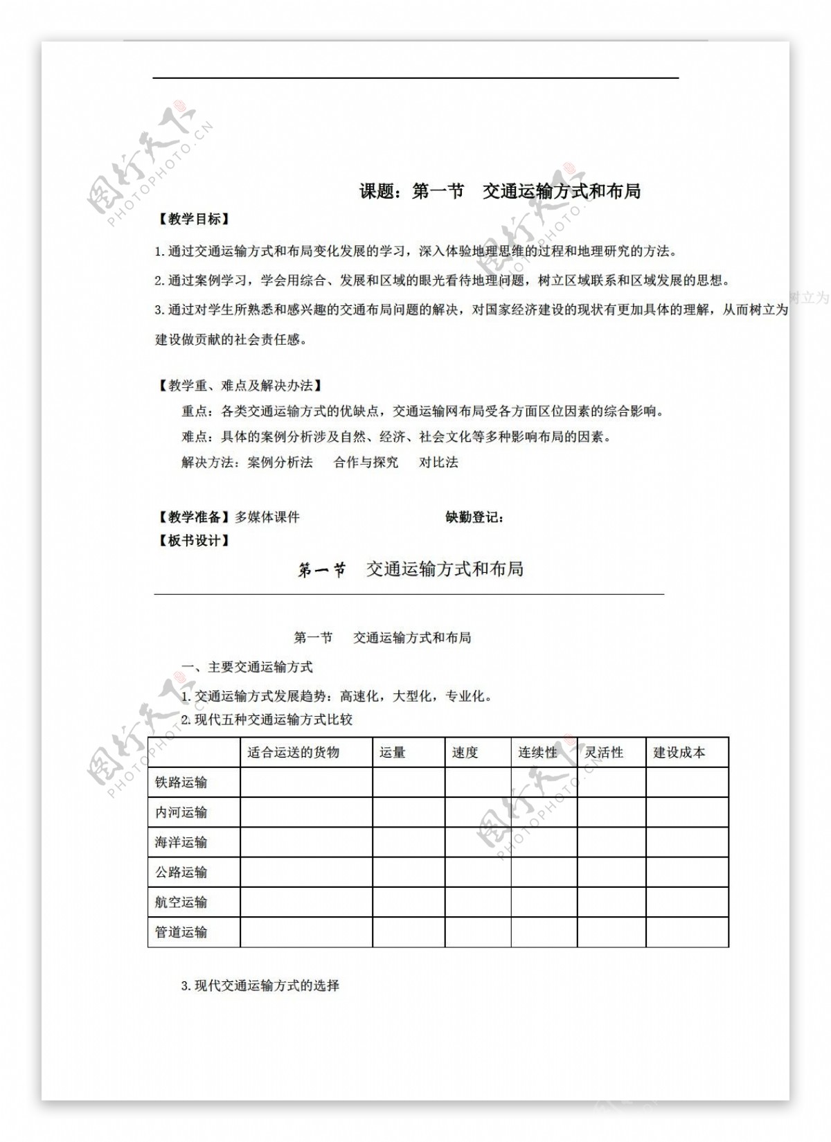 地理人教版5.1交通运输方式和布局教案