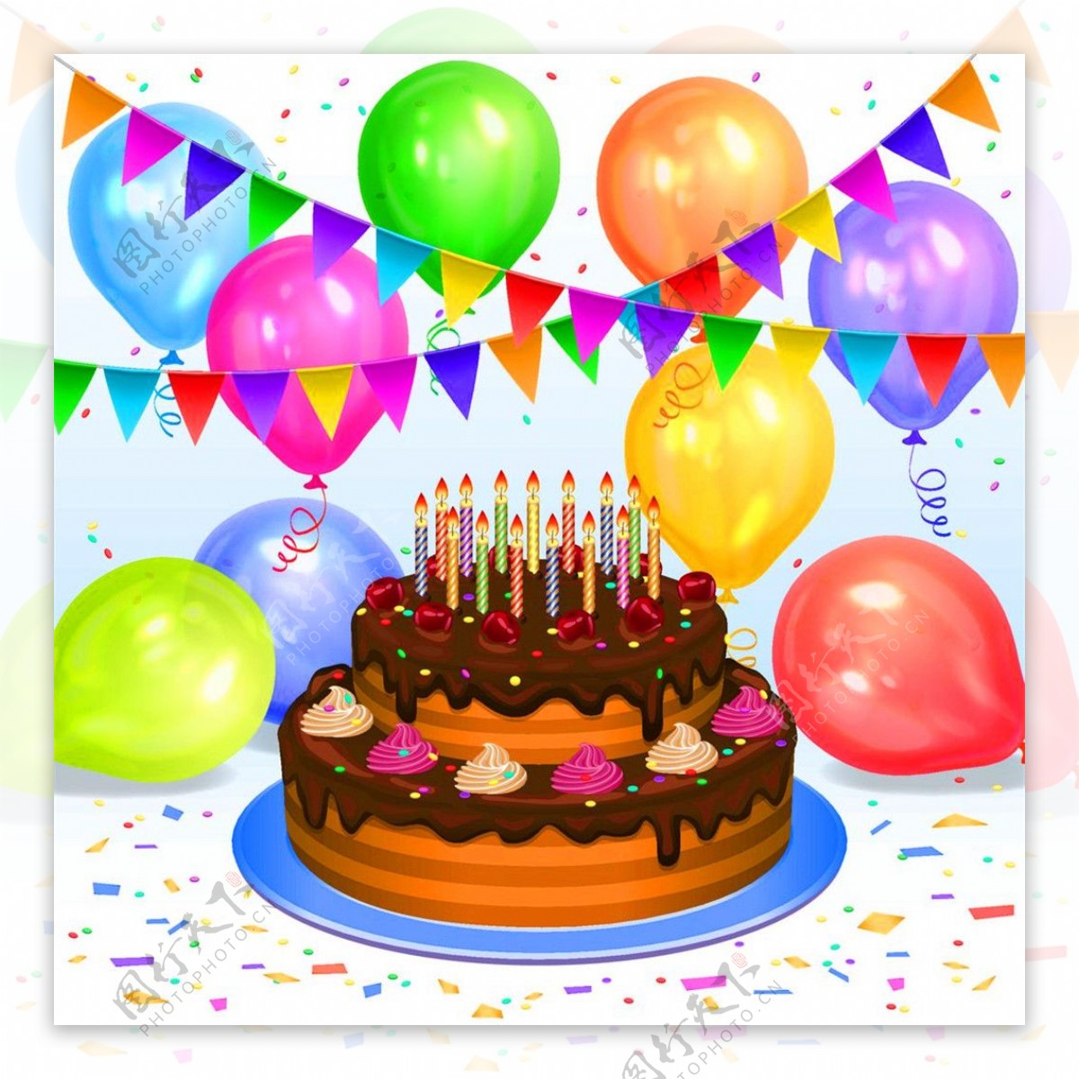 蛋糕和彩色生日气球图片