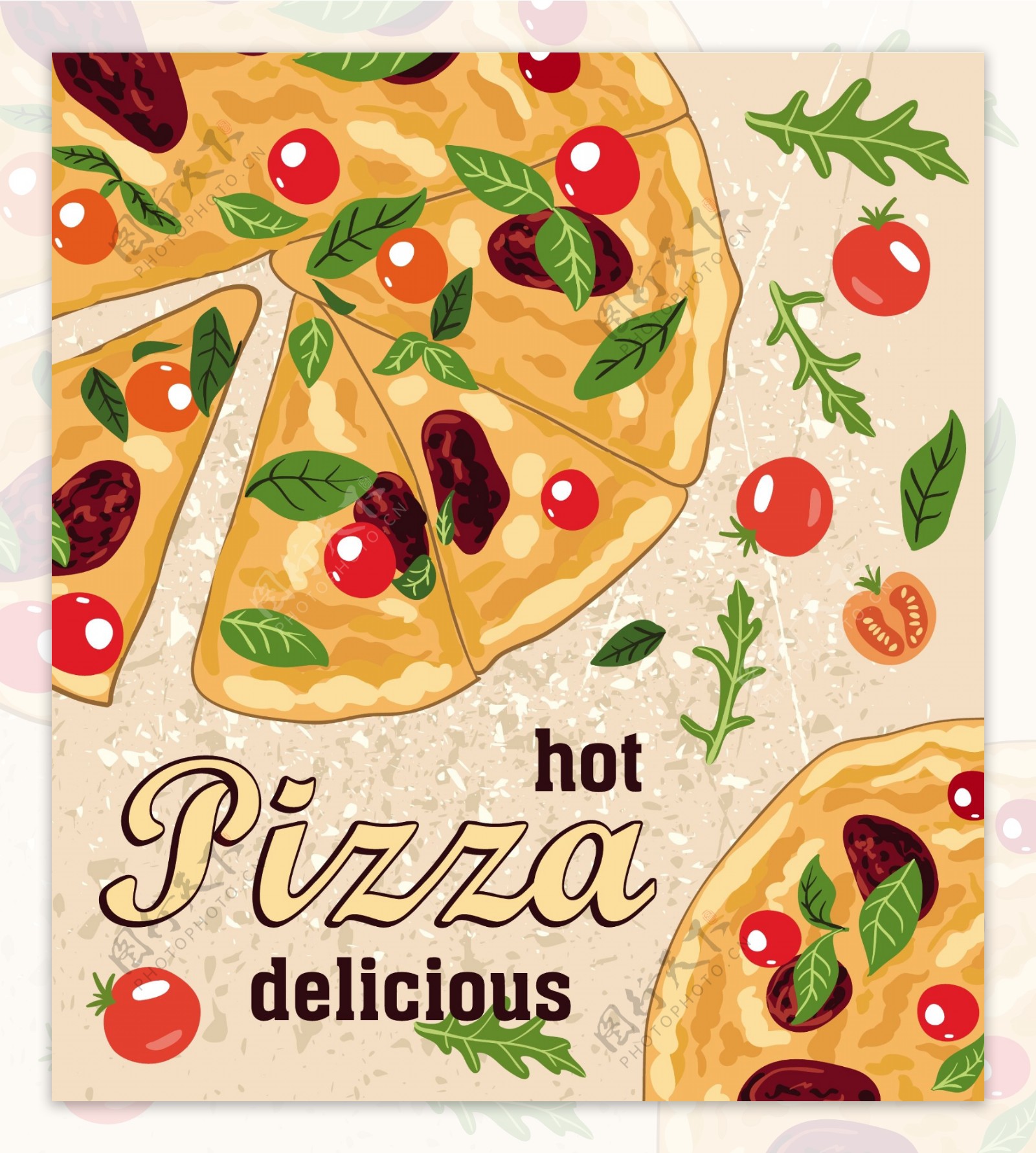 手绘时尚美味的披萨插画