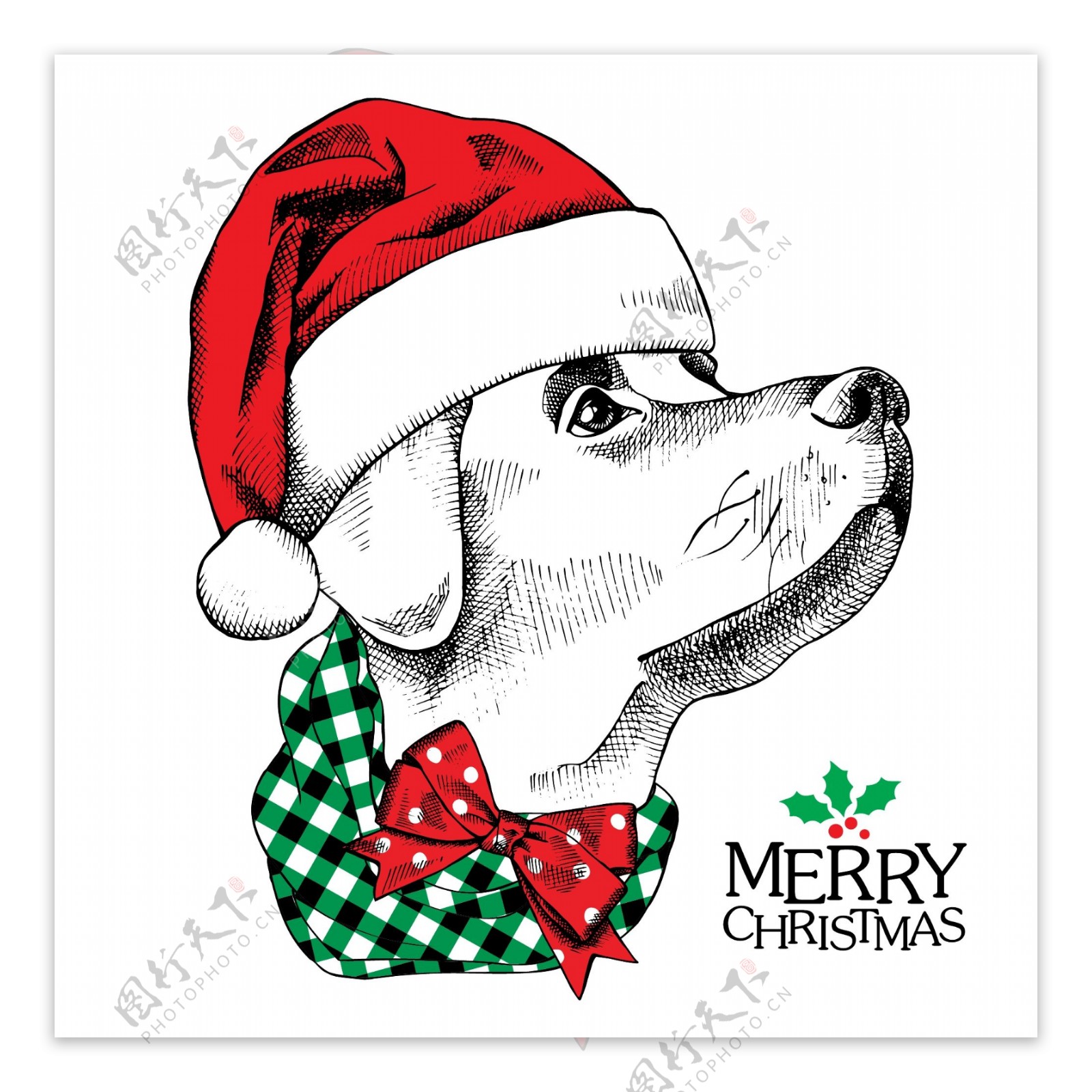 戴圣诞帽子的可爱小狗插画