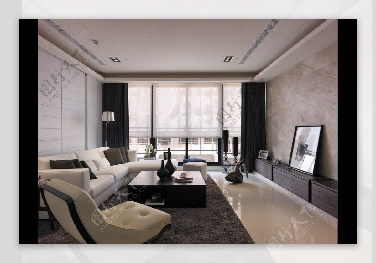现代清新客厅杏色瓷砖地板室内装修效果图