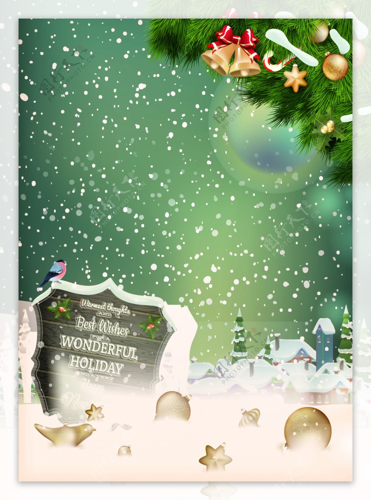 圣诞树飘雪盾牌海报背景素材