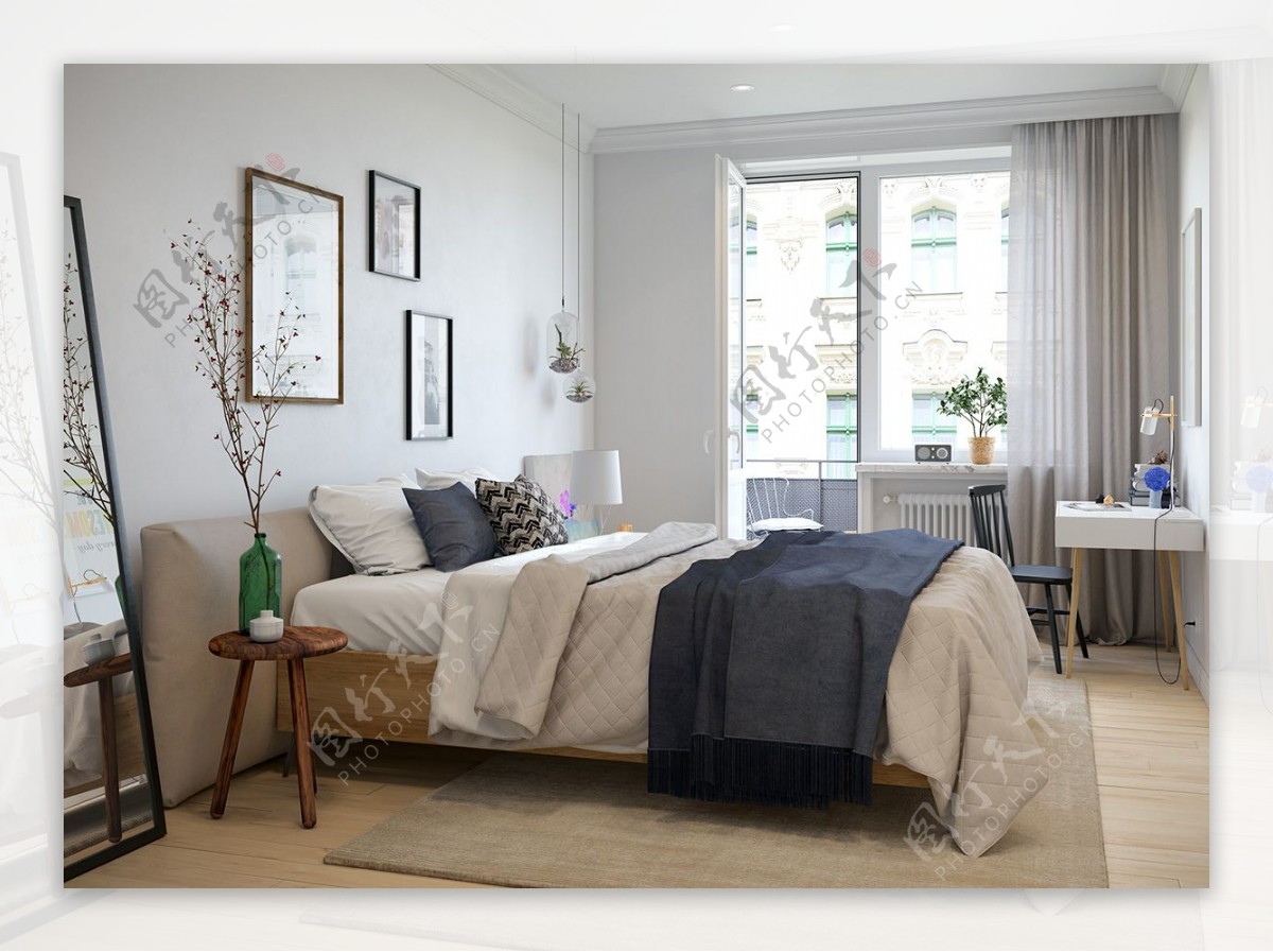 现代时尚卧室浅色薄纱窗帘室内装修效果图