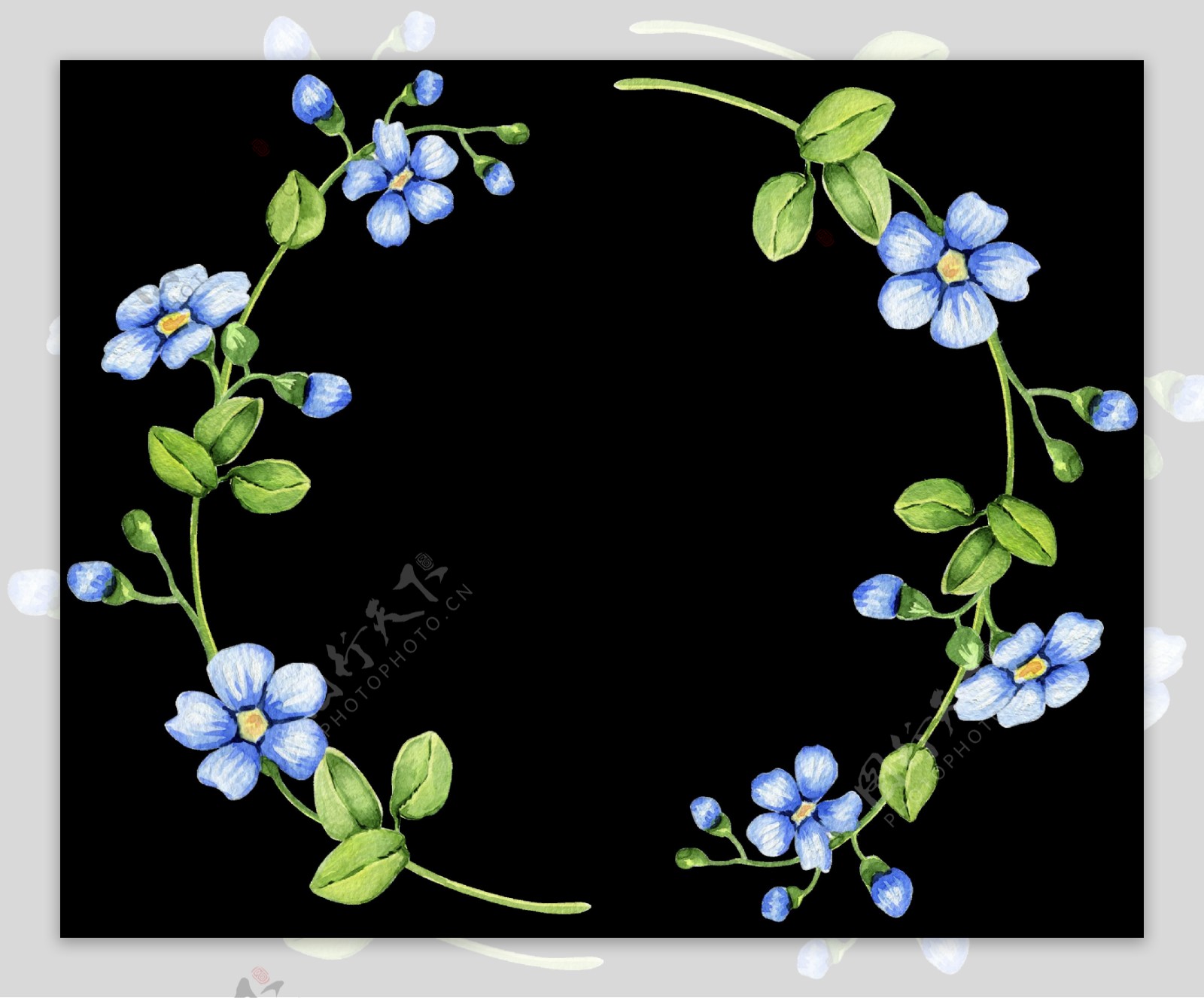 手绘水彩蓝色装饰花环png透明素材