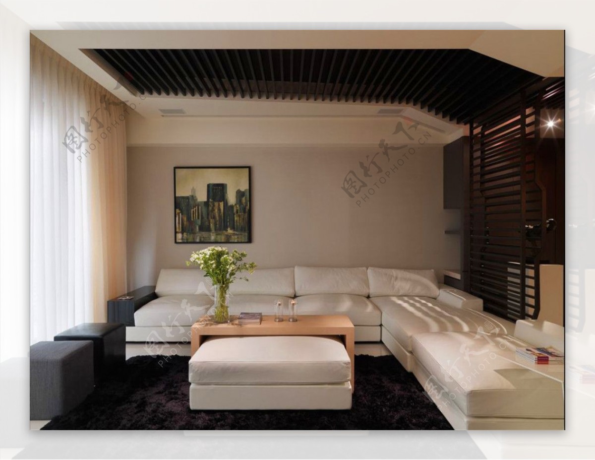 现代简约时尚客厅深褐色木制隔断室内装修图