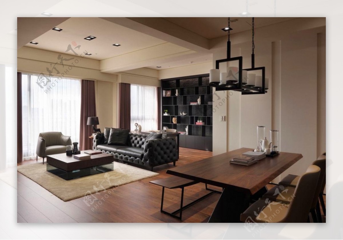 现代时尚客厅黑色皮质沙发室内装修效果图