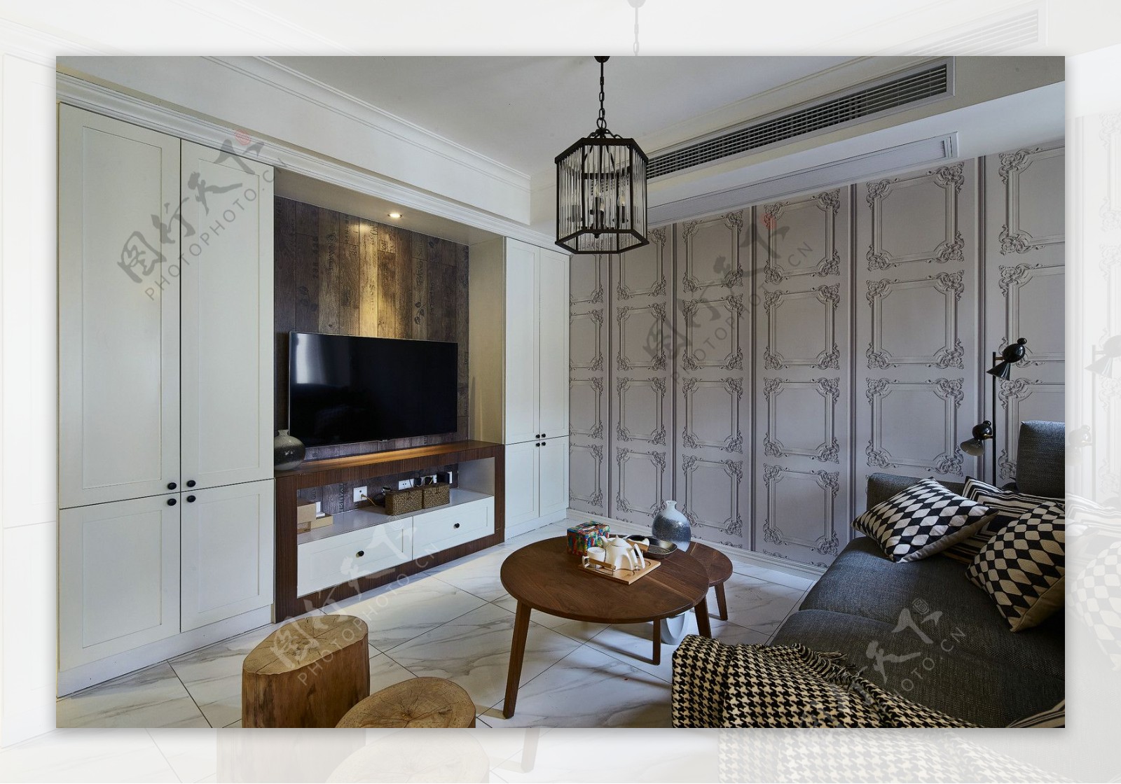 现代时尚客厅灰色花纹地板室内装修效果图