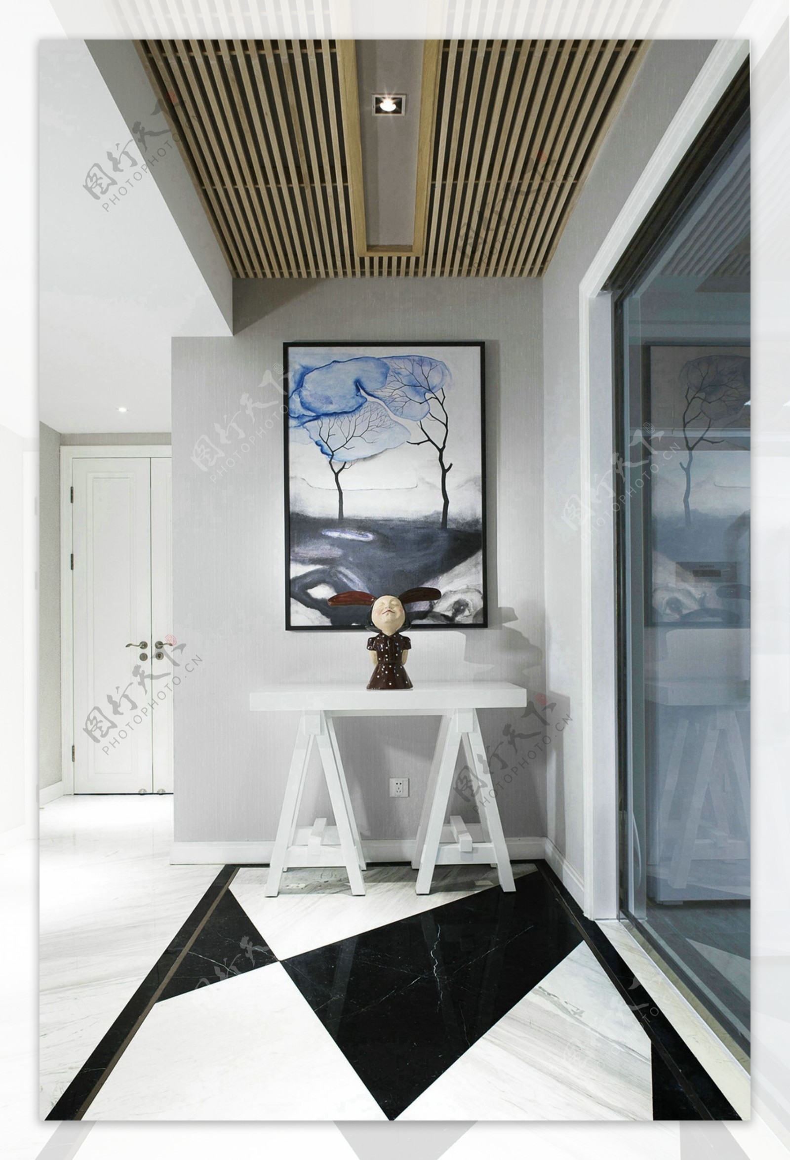 现代时尚客厅黑白瓷砖地板室内装修效果图