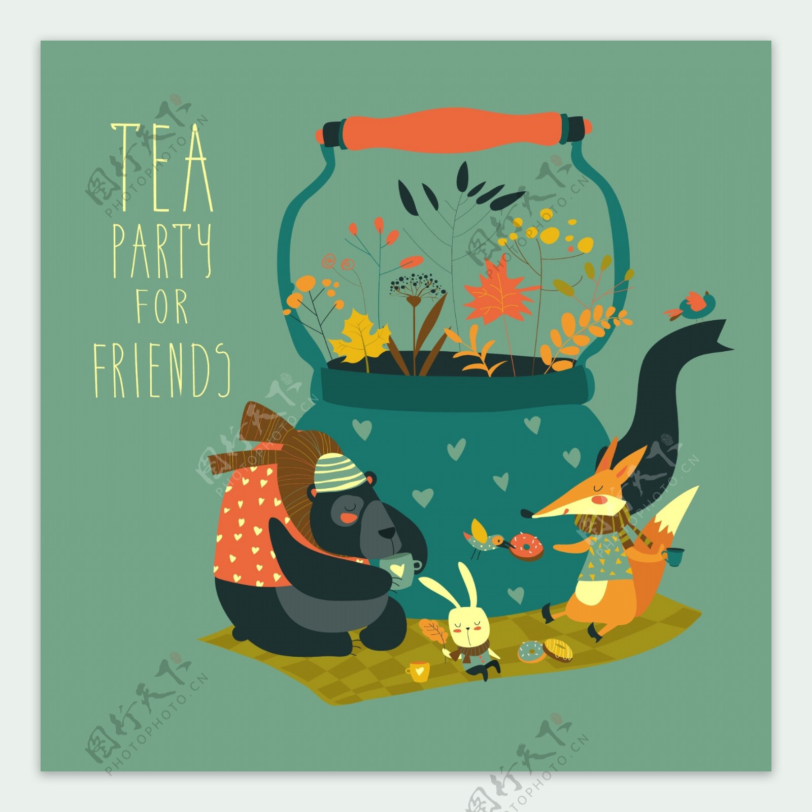 可爱的动物朋友围坐在茶壶旁