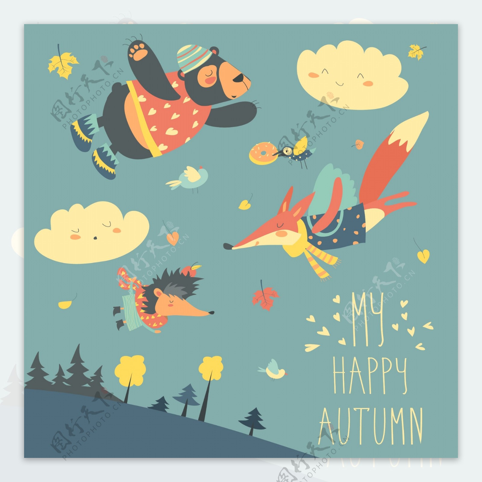 可爱的动物和秋天的叶子在天空中飞翔