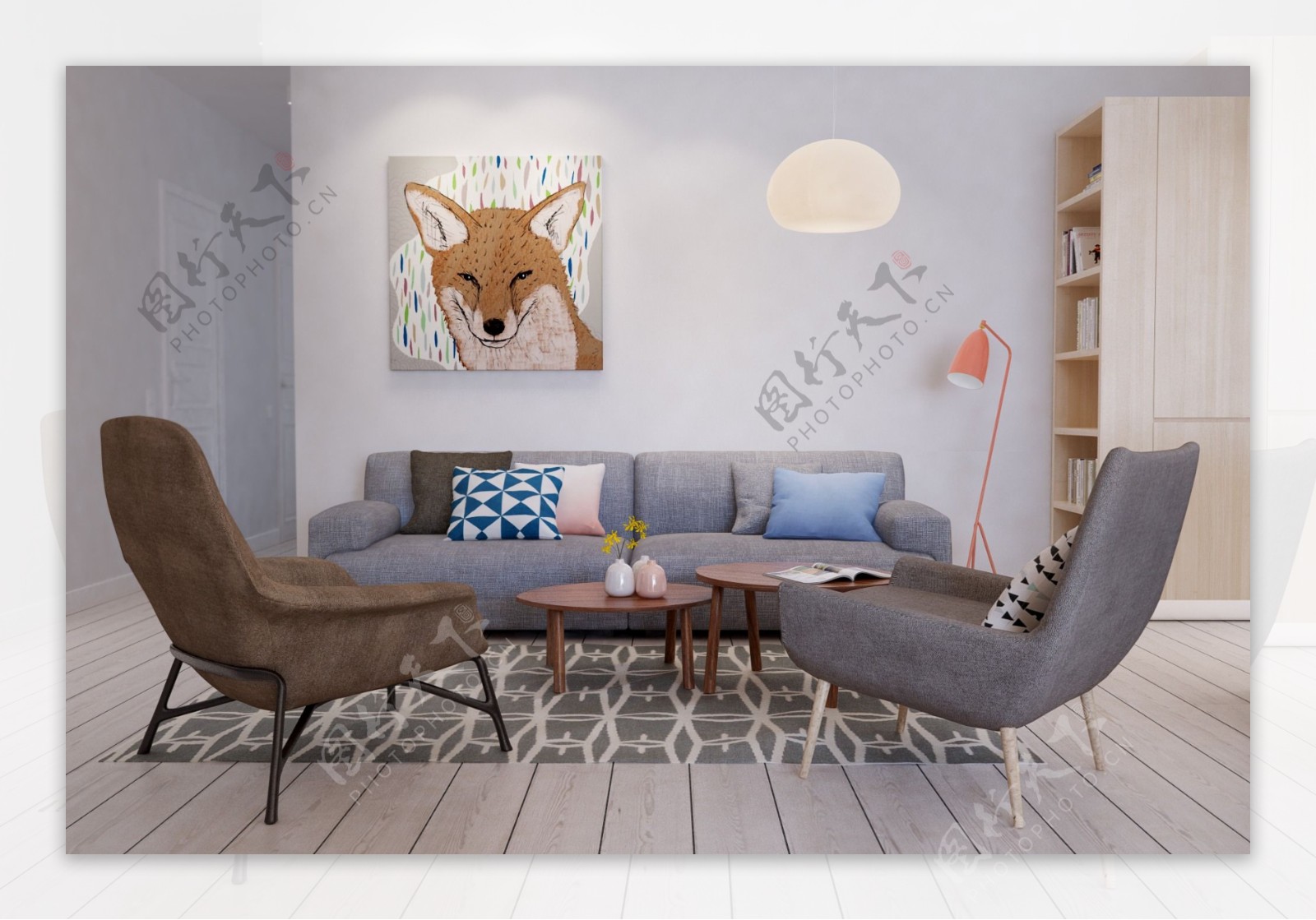 北欧时尚客厅蓝灰色沙发室内装修效果图