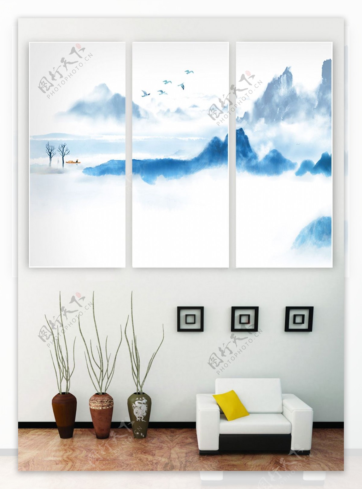 中国风创意山水书房三联装饰画