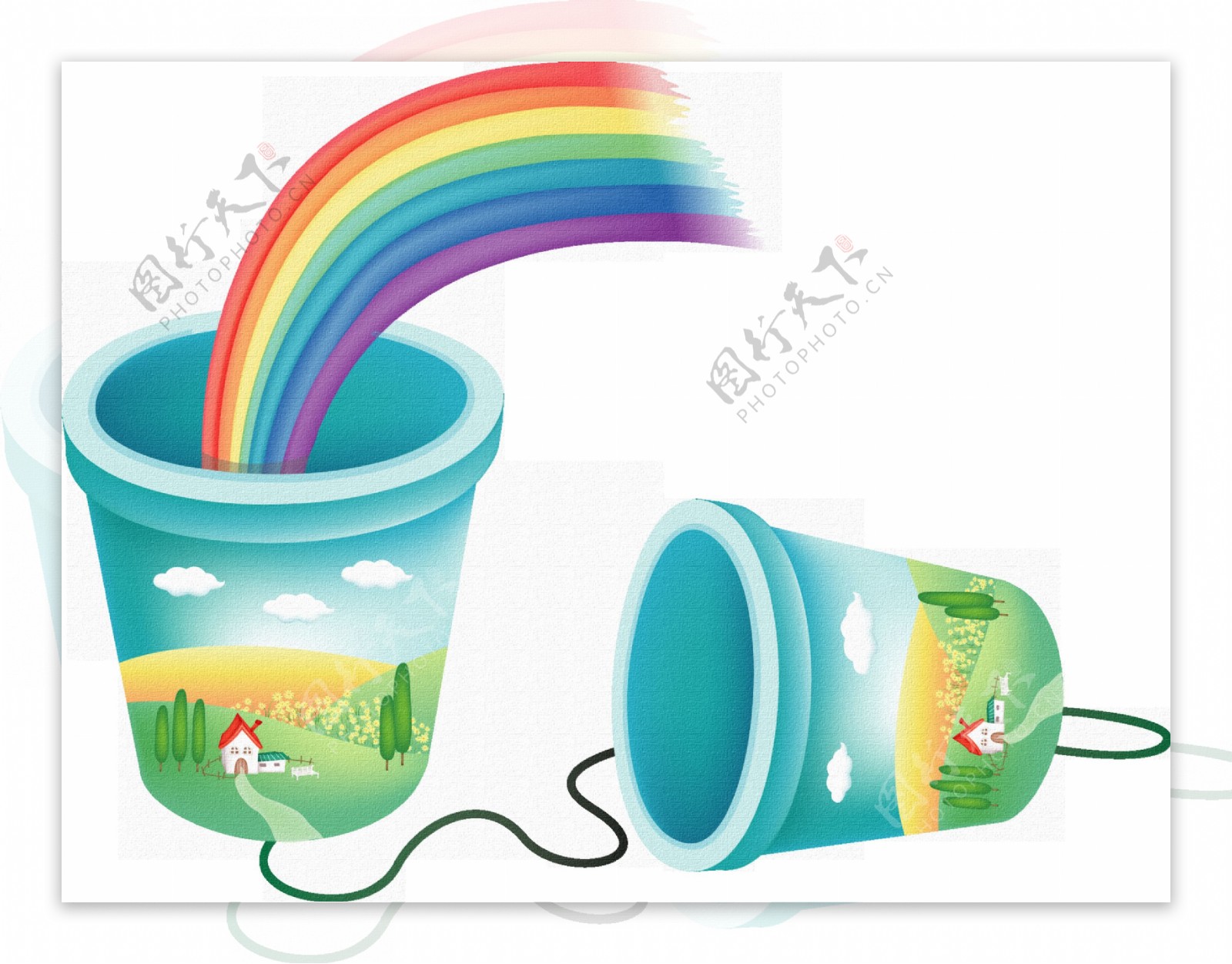 手绘两只塑料桶和彩虹透明素材