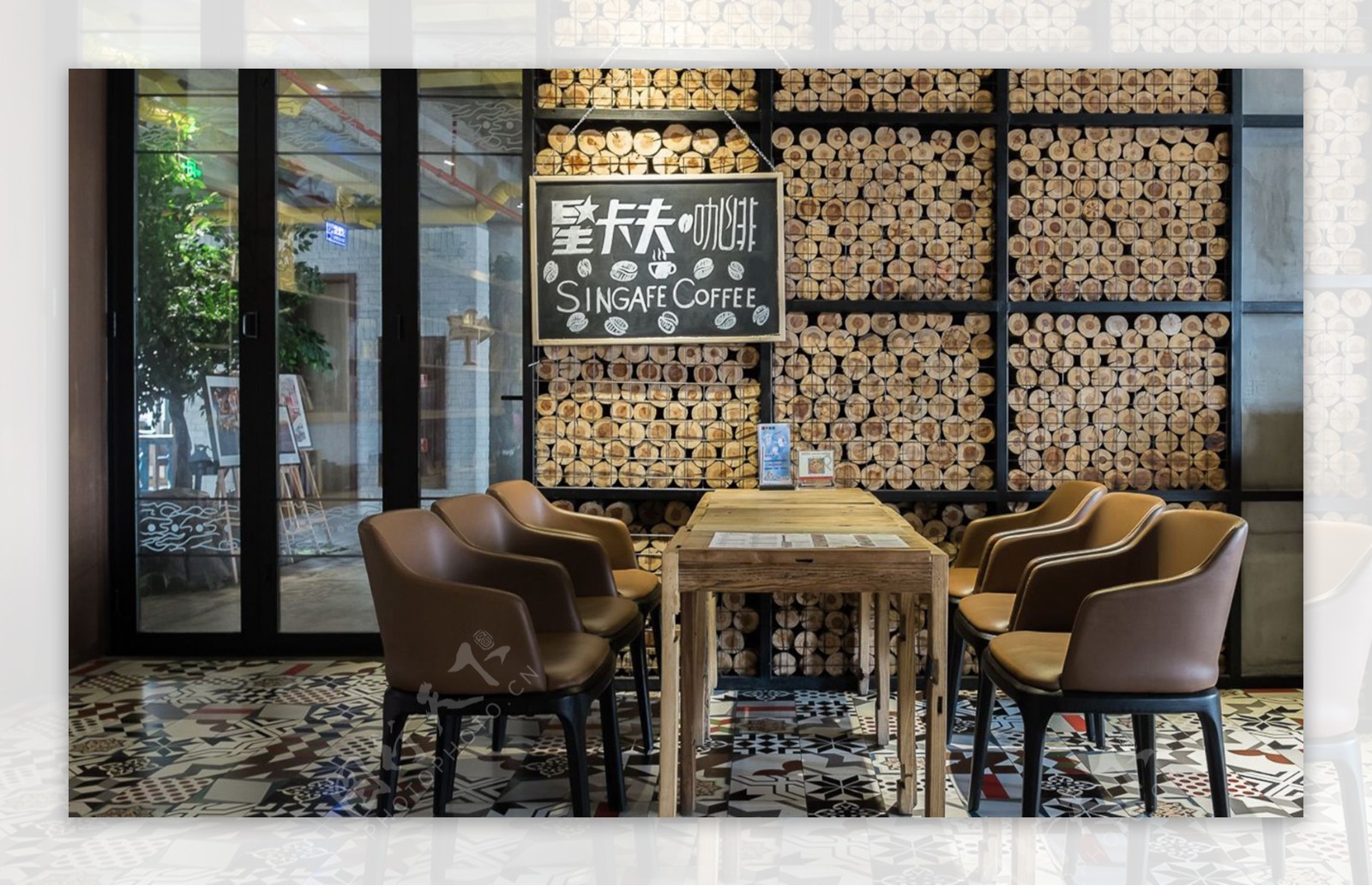 简约咖啡厅灰色花纹地板砖装修效果图