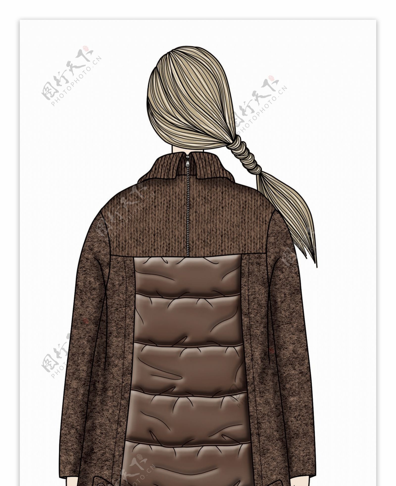 简单褐色保暖大外套女装服装效果图