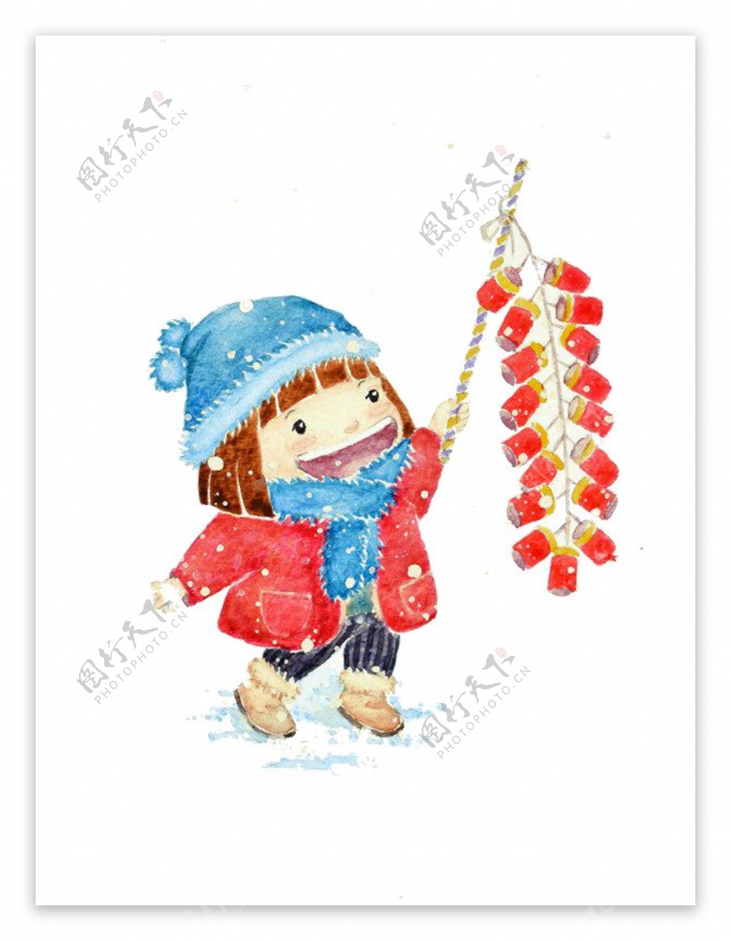 春节下雪天举着灯笼的卡通女孩
