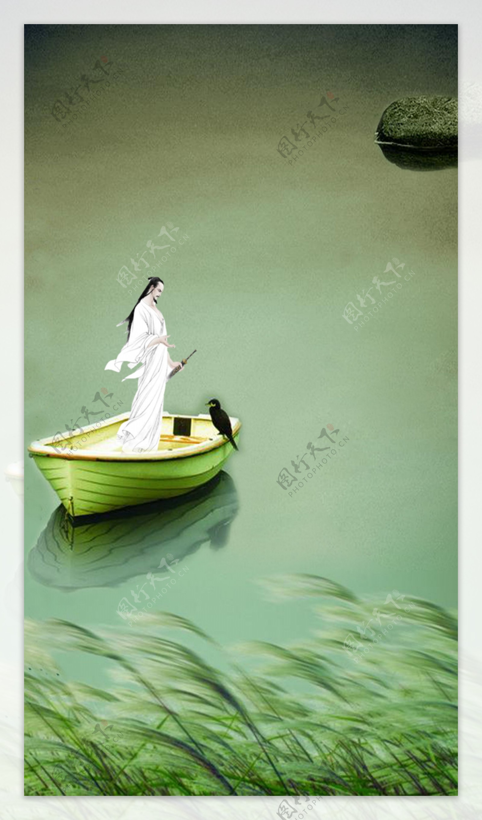 中式古典水墨小船海报背景设计